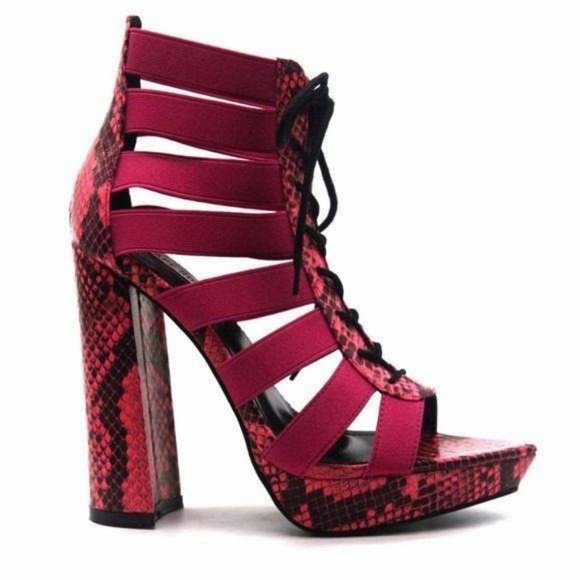 Shoes - Pink Snakeskin Platform Lace Up Heels